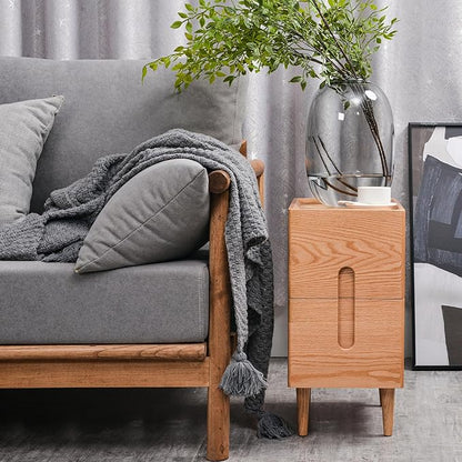 Cttasty Mid Century Modern Nightstand, Narrow Nightstand, Minimalist Side Table for Bedroom, 2-Drawer Bedside Tables, (Natural, 9.84inches)