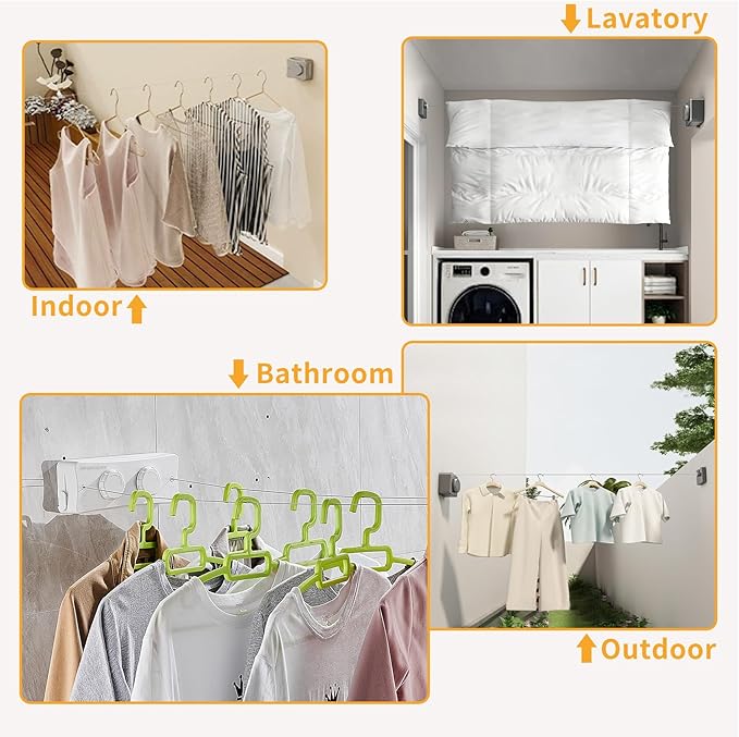 Retractable Clothesline Indoor & Outdoor, Non-Sagging Wall Mounted Drying Rack Clothesline, 16.7 Ft Stainless Steel Wire Double Clothes Lines, Hanging Clothes line for Balcony, Courtyards(White)
