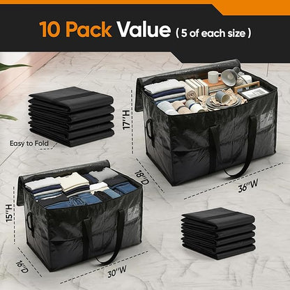 HOLDN’ STORAGE Extra Large Moving Storage Bag with Zipper Lid, Heavy Duty Reusable Tote for Clothes, Bedding, Books, Dorm & Home, Pack of 10 (Mix Pack)