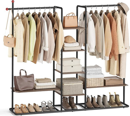 SONGMICS HOME Clothes Rack, Wardrobe, Freestanding Closet, Heavy-Duty Garment Rack, 6 Storage Shelves, 2 Hanging Rails, 64.4 x 13.3 x 69 Inches, Natural Walnut and Ink Black URGR012B01