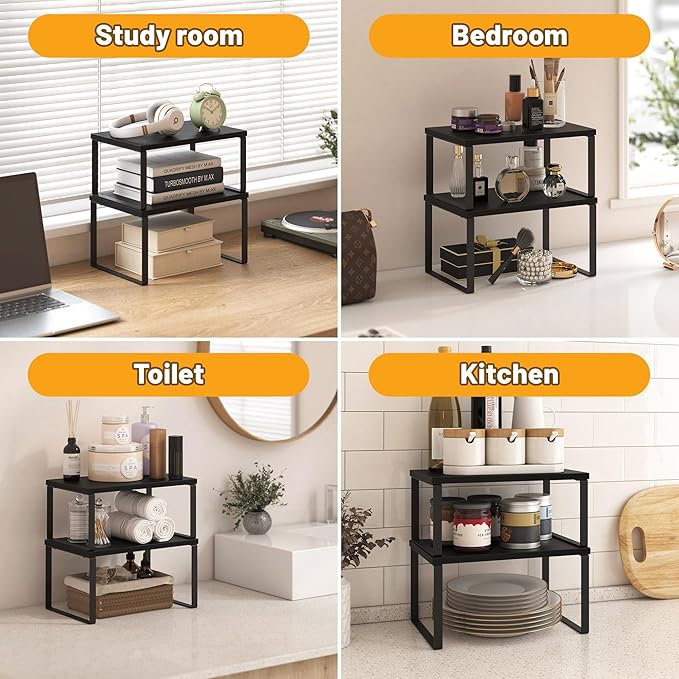 Selefrecos Kitchen Cabinet Organizer Shelf Set of 4, Sturdy Kitchen Counter Shelves with Metal Legs, Stackable Expandable Wood Spice Rack Pantry Cupboard Dish Mug Cup Storage Organizer Shelf, Black