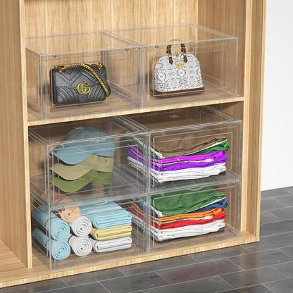 Knifefish 12 Packs Large Acrylic Clear Shoe Boxes with Magnetic Door, Strong Stackable Shoe Organizers, Sneaker Containers, Boot Display Case Up to US Size 15