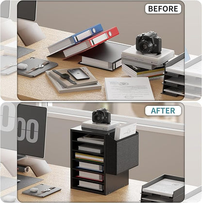 Literature Organization Paper Storage Slot, Office Desk File Organizer, Desktop Wood Mailbox For Teacher Classroom, 6 Tier Adjustable Countertop Mail Sorter, Mailboxes With Name Slots, Black