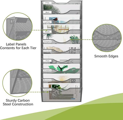 EasyPAG 10 Pocket Mesh Wall File Organizer, Hanging Paper Folder Holder with Classify Label, Vertical Wall Mount Mail Organizer for Office Home Classroom, Silver