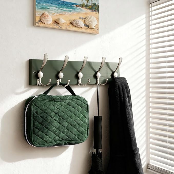 SKOLOO Creations Forest Green Solid Wood Wall Mounted Coat Rack, 5 Hooks, 16-7/8" Long - Kitchen, Mudroom, Entryway, Bathroom - Includes Mounting Hardware, Wall Coat Hanger, Towel Rack