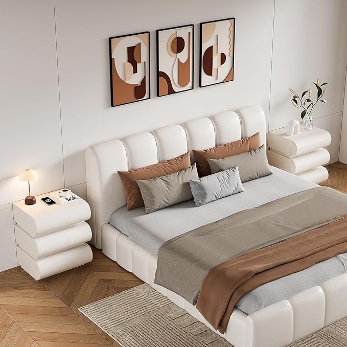 homary Smart Nightstand with Wireless Charging, USB & Type-C Ports – Modern White Leather Night Stand with 3 Drawers, Bedside Table for Bedroom
