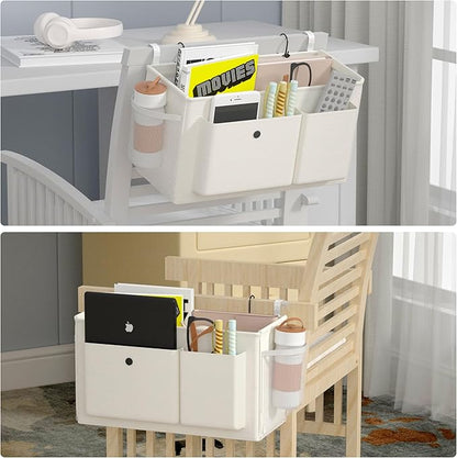 Edudif Bedside Caddy Bedside Organizer with Fixed Straps & Water Bottle Holder, Bunk Bed Caddy ideal for Home, Dorm, Hospital, Crib, Versatile Bedside Storage Solution (White)