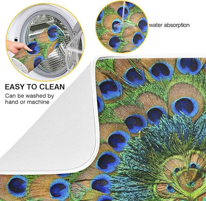 ZzWwR Beautiful Peacock Feathers Absorbent Dish Drying Mat Microfiber Kitchen Countertop Table Protector Multi-Purpose Counter Rack Sink Drainer Pad (16" x 18")