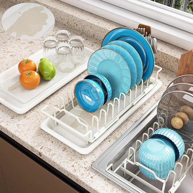 ouimei Sink Dish Drying Rack - Expandable Over Sink (15"-20" Fit), Diatomaceous Earth Tray for No-Drain Drying! Compact Dish Drainer for Small Kitchens, Apartments & RVs (White)