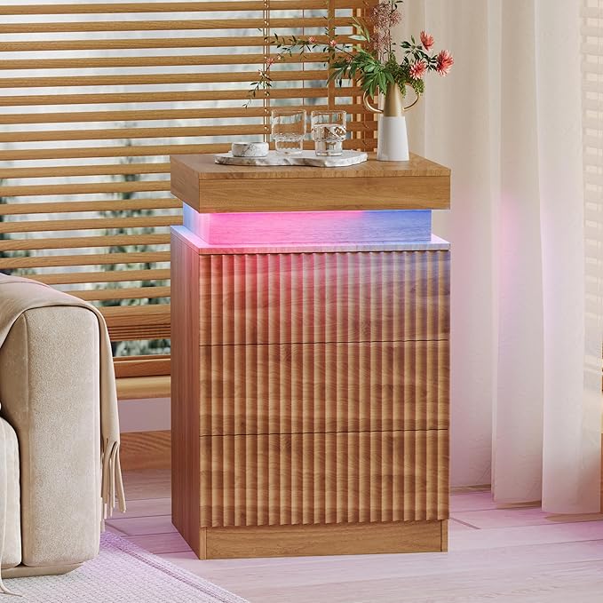 BOXACTION Walnut Nightstand with 3 Drawers and LED Light, Mid Century Modern Fluted Night Stand with Charging Station, Bedside Table & End Table for Bedroom
