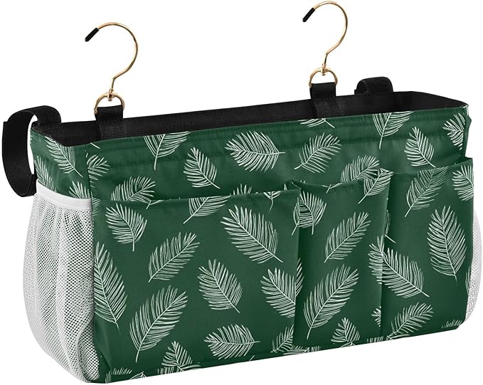 CuwrYet Bedside Caddy Hanging Bunk Bed Caddy Bed Organizer Hanging Pocket with 2 Hooks Bedside Storage Organizer Pocket Bag Holder Green Simple Palm Leaf