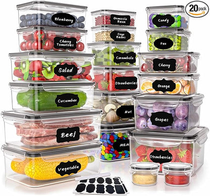 GEIKR 40 PCS Plastic Food Storage Containers with Lids Airtight, BPA-Free Leakproof Meal Prep Containers Reusable,Microwave & Dishwasher & Freezer Safe,Includes Labels & Pen