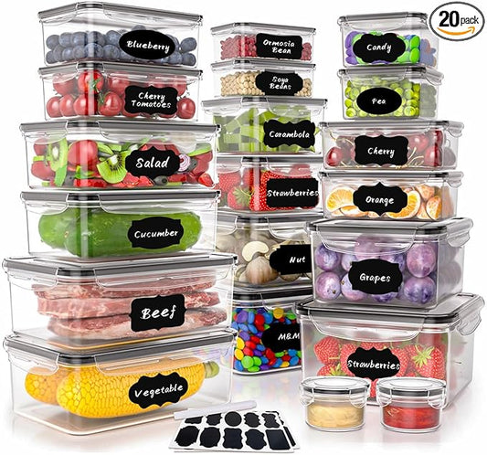GEIKR 40 PCS Plastic Food Storage Containers with Lids Airtight, BPA-Free Leakproof Meal Prep Containers Reusable,Microwave & Dishwasher & Freezer Safe,Includes Labels & Pen