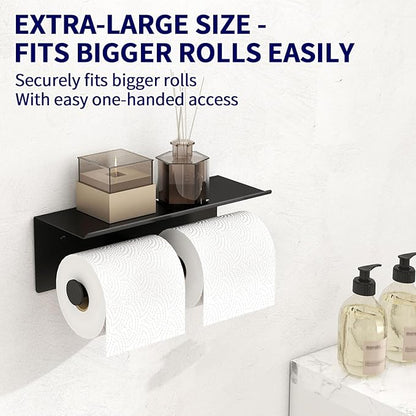 YUMORE Toilet Paper Holder, 304 Stainless Steel Bathroom Double Roll Tissue Holder with Shelf, Wall Mounted Washroom Dual TP Dispenser Storage（Black）