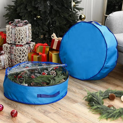 4 Pack Wreath Storage Container, 30 Inch Christmas Wreath Storage Box with Clear Window and Handles Upgrade Oxford Cloth Garland Bags with Dual Zipper for Xmas Wrapping, Blue