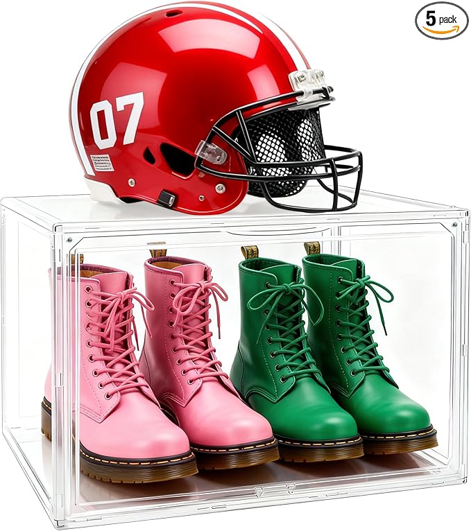 5 Pack XXX-Large Super Large Acrylic Display Case Figures Collectibles Helmet Showcase Boot & Shoe Boxes Clear Stackable Plastic Storage Bins Organizer with Magnetic Lid, 5 Pack with 2 Shoe Bags