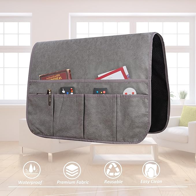 luckyjoyreal Waterproof Anti-Slip Sofa Armrest Organizer Armchair Caddy for Couch Remote Control Holder Sofa Armset Organizer with 6 Pockets Couch Armrest Storage for Book 35"x19.5" Grey 1 Pack