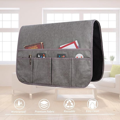 luckyjoyreal Waterproof Anti-Slip Sofa Armrest Organizer Armchair Caddy for Couch Remote Control Holder Sofa Armset Organizer with 6 Pockets Couch Armrest Storage for Book 35"x19.5" Grey 1 Pack
