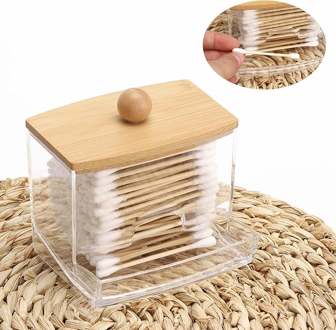 Tbestmax 2 Pack 10oz Qtip Holder Dispenser with Bamboo Lids, Big Clear Bathroom Organizer Accessories Decor for Storage-Qtips Cotton Ball Holder Apothecary Jars, Cotton Swabs, Floss Container