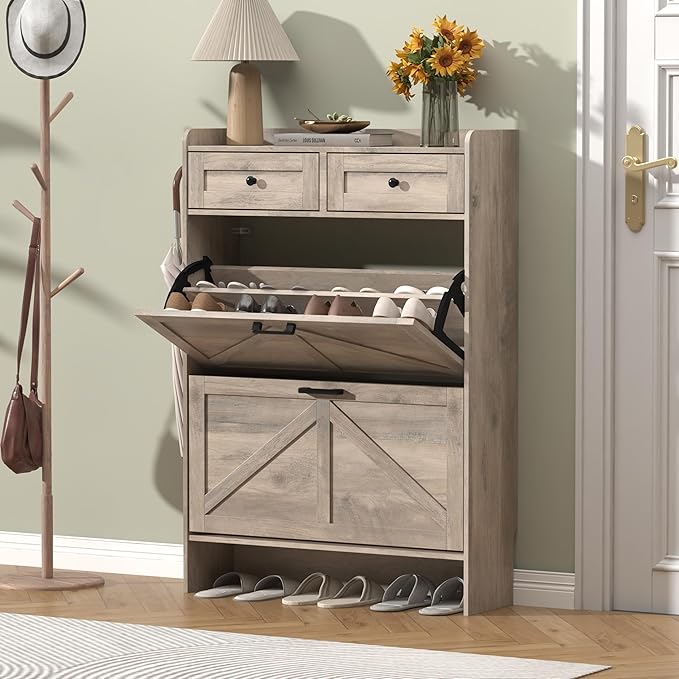 Shoe Cabinet with 2 Flip Drawers & 2 Storage Drawers, Rustic Farmhouse Narrow Shoe Organizer Cabinet, Slim Shoe Rack Cabinet, Shoe Storage Cabinet for Entryway, Hallway, Front Door