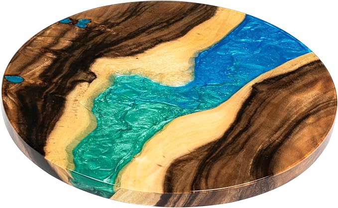 Handmade Reversible 16" Wood and Epoxy Resin Lazy Susan, Turntable for Kitchen Countertop, Rotating Display Stand, Round Wooden Platter, Organizer and Storage for Dining Table (Aqua Fusion)