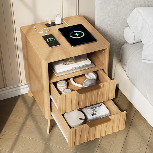 HOTAMO Nightstand Set of 2 with Charging Station,Night Stand with 2 Wave-Patterned Panel Drawer and Open Shelf,Modern Bedside Table for Bedroom,Living Room,Oak End Table