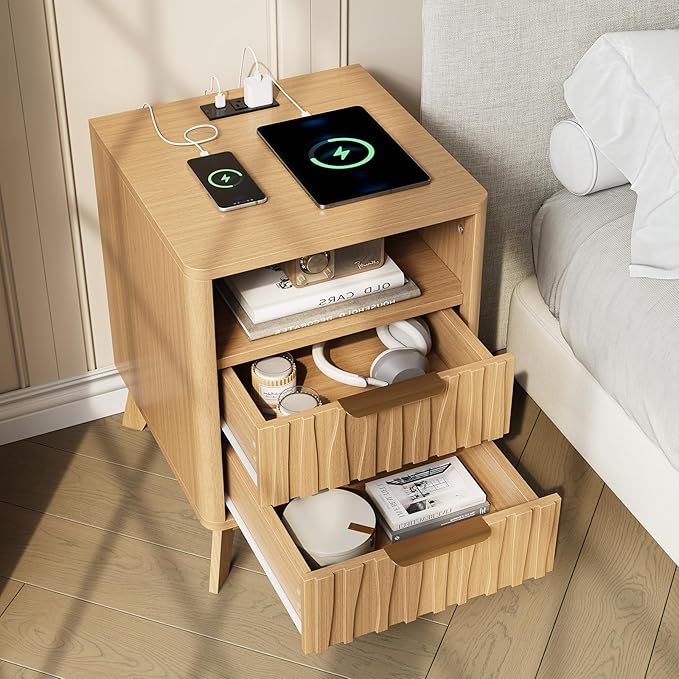 HOTAMO Nightstand with Charging Station,Night Stand with 2 Wave-Patterned Panel Drawer and Open Shelf,Modern Bedside Table for Bedroom,Living Room,Oak End Table