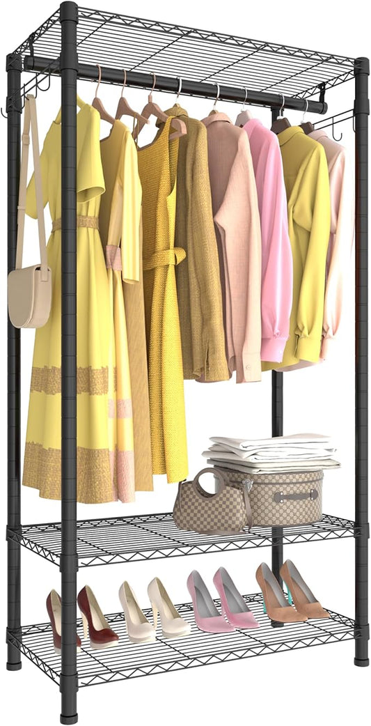 Xiofio 3 Tiers Heavy Duty Clothes Rack for Hanging Clothes Rack,Freestanding Closet with 2 Side Hooks and Hanging Rod, 29.1" L x 15.7" W x 76.3" H,Max Load 500LBS,Black