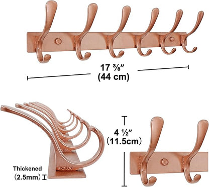 SKOLOO Coat Rack Wall Mounted - 6 Hooks, Pack of 2, Heavy Duty, Stainless Steel, Metal Wall Hanger, Sturdy Coat Hooks for Hanging Coats, Jacket, Clothes, Hat, Matte Rose Gold