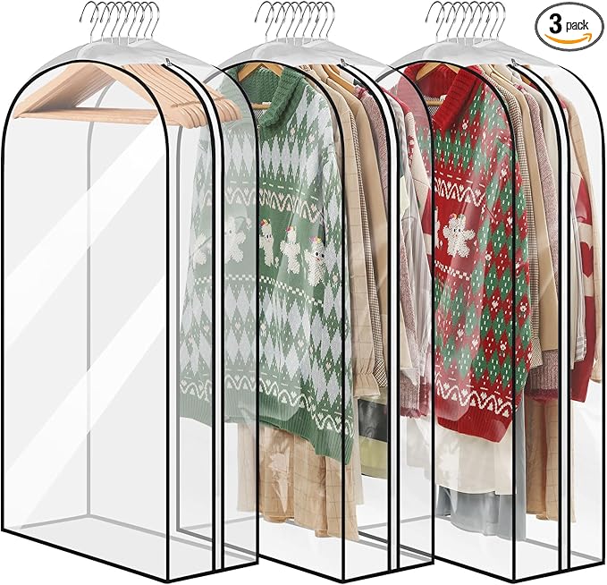 10" Gusseted Clear Garment Bags for Hanging Clothes, 43" Suit Bags for Closet Storage, All Clear Clothes Covers with Side Zipper for Coats, Shirts, Dresses, Jackets, 3 Pack
