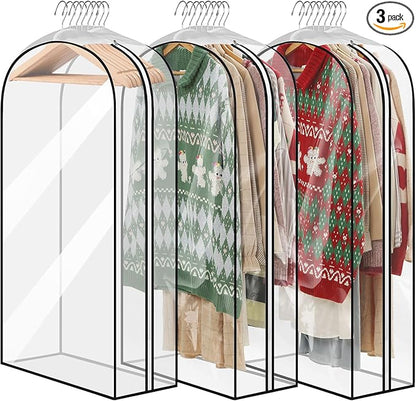 10" Gusseted Clear Garment Bags for Hanging Clothes, 43" Suit Bags for Closet Storage, All Clear Clothes Covers with Side Zipper for Coats, Shirts, Dresses, Jackets, 3 Pack