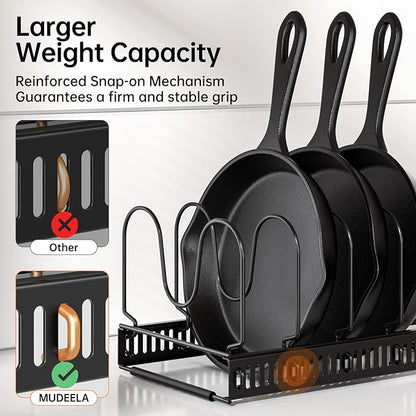 MUDEELA Pots and Pans Organizer Rack for under Cabinet, Expandable Pot Lid Kitchen Cabinet Organizer Holder with 14 Adjustable Compartment Cutting Board Organizer for Pan Lid, Bakeware