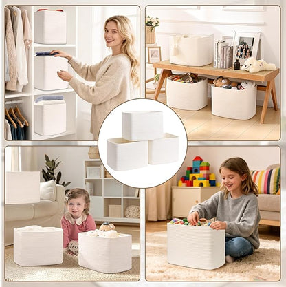3 Pack Cube Storage Bin, 17”x12”x12” Cotton Rope Woven Baskets for Organizing Toys Clothes Towels, Square Gift Storage Baskets for Shelf, Nursery, Closet, Bathroom, Pantry (White)
