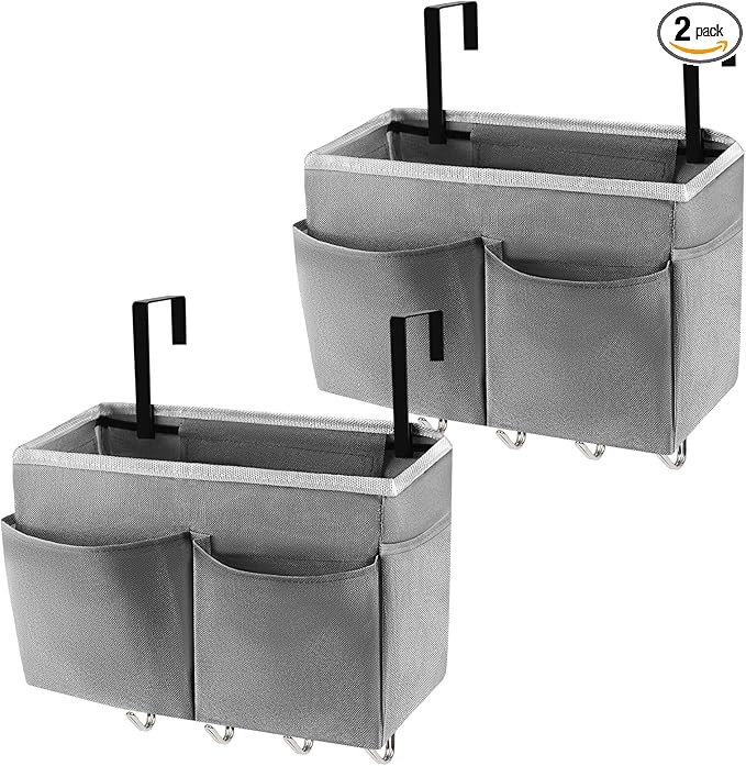 Frjjthchy Bedside Storage Organizer 5 Pockets with 4 Hooks Hanging Storage Bag for Headboards/Bunk Bed (2Pack Grey)