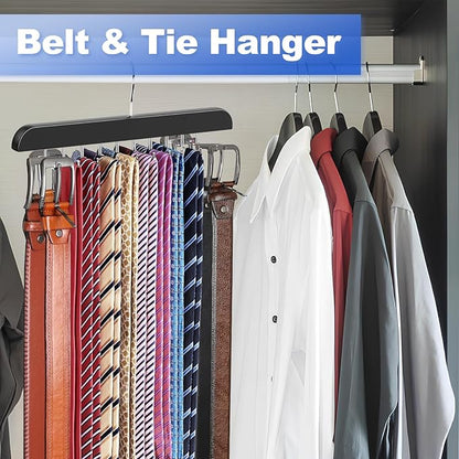 RESOVO Upgraded Tie Rack Hanger with 20 Foldable Metal Hooks, Space Saving Necktie Organizer for Men – Large Capacity Tie and Belt Wooden Hanger for Closet - Black