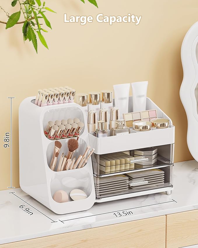 Anylady Makeup Organizer with Drawers, Skincare Organizer (Large Size Thick), Storage Box Cosmetic Display Cases, Make up Organizers for Vanity, Dresser, Desk, Kitchen, Countertop (White)