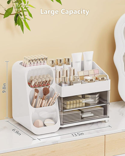 Anylady Makeup Organizer with Drawers, Skincare Organizer (Large Size Thick), Storage Box Cosmetic Display Cases, Make up Organizers for Vanity, Dresser, Desk, Kitchen, Countertop (White)