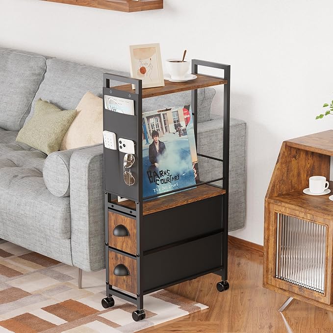 Small Narrow Side End Table, 2 Drawer Slim Nightstand Bedside Sofa Table with Wheels, Space Saving Rolling Skinny Thin Desk with Storage Bag for Bedroom Living Room Couch Bathroom Dorm