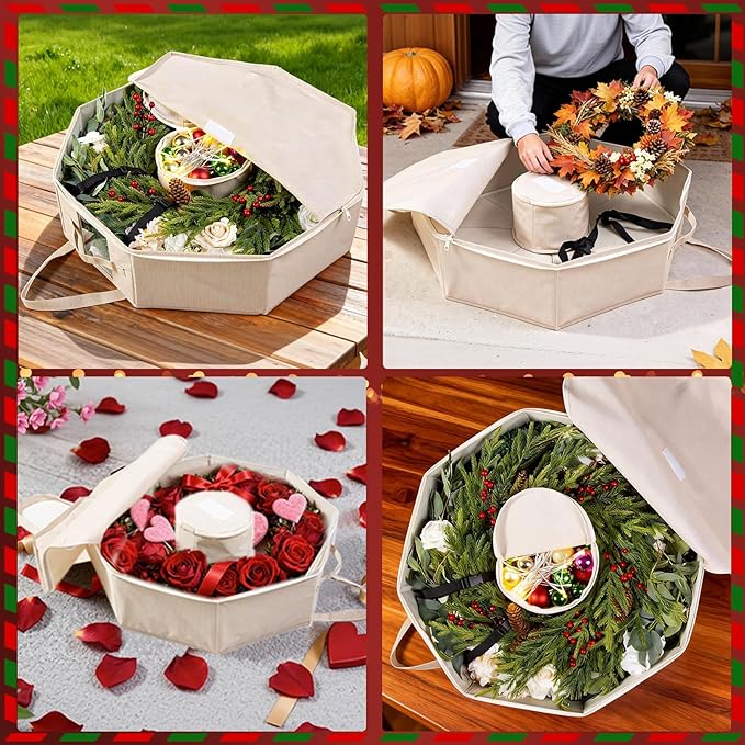 Wreath Storage Christmas Garlands Bag with Interior Pockets Large Xmas Container Box for Holiday Decorations Case with Zipper Handles Window Labeling Card Slot 24" Houndstooth