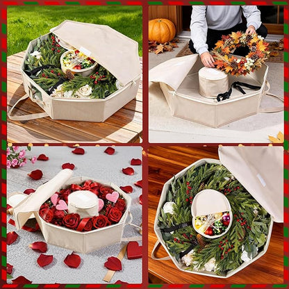 Wreath Storage Christmas Garlands Bag with Interior Pockets Large Xmas Container Box for Holiday Decorations Case with Zipper Handles Window Labeling Card Slot 24" Houndstooth