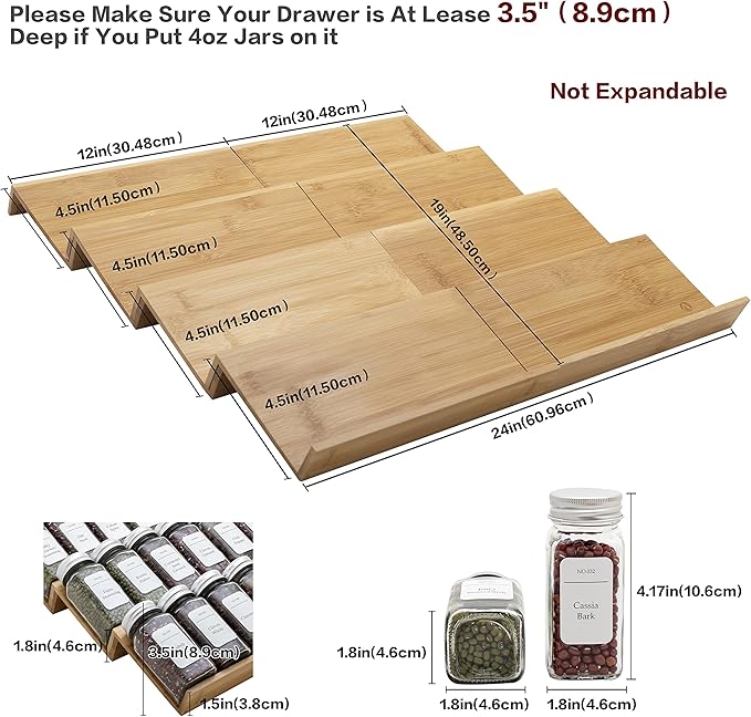 Angimio Bamboo Spice Rack Drawer Organizer - 8 Piece Set - 12" Wide, Combine Into 24" Rack (12" or 24")