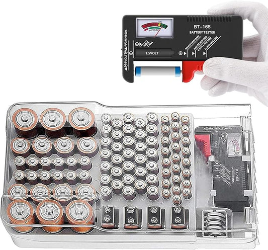 Battery Organizer Storage Case with Tester,Clear Lid Battery Storage Organizer,Holds 93 Batteries Battery Storage Box Battery Carrying Case（Batteries are Not Included）