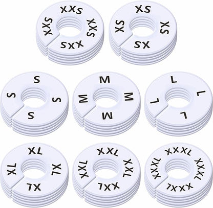 40 Pack Round White Plastic Clothing Size Closet Rack Dividers Hangers, Preprinted in 8 Sizes XXS, XS, S, M, L, XL, XXL, XXXL (Outer 3.5”, Inner Diameter 1.38”)