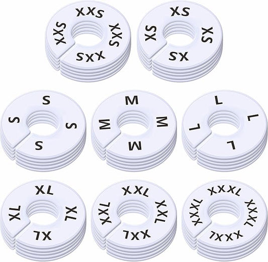 40 Pack Round White Plastic Clothing Size Closet Rack Dividers Hangers, Preprinted in 8 Sizes XXS, XS, S, M, L, XL, XXL, XXXL (Outer 3.5”, Inner Diameter 1.38”)