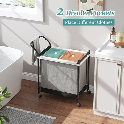 Laundry Hamper with Wheels - 2 Section Laundry Basket 120L, Removable Washable Bags, Height-Fitted Rolling Laundry Cart for Laundry Room & Bedroom