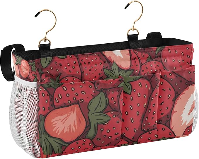 CuwrYet Bedside Caddy Hanging Bunk Bed Caddy Bed Organizer Hanging Pocket with 2 Hooks Bedside Storage Organizer Pocket Bag Holder Cartoon Red Strawberry
