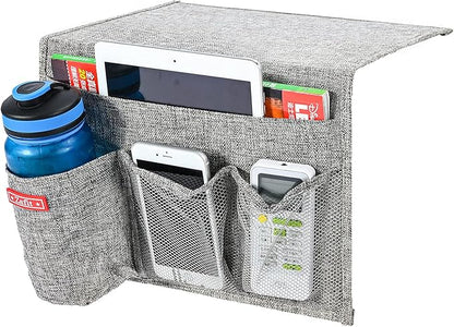 Zafit Linen 4 Pockets Bedside Caddy, Bedside Storage Organizer with Water Bottle Holde for Magazine, Remotes, Phone (Grey)