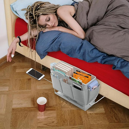 Frjjthchy Bedside Caddy, Bed Organizer with 11 Pockets and Power Strip Holder,Versatile Bedside Storage Caddy for Home,Dorm,Bunk,Hospital,Crib Bed (Grey)