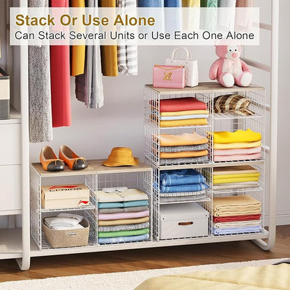 2 Pack Closet Shelf Organizer, Closet Organizers and Storage Shelves With Adjustable Dividers, Stackable Storage Bins Baskets For Clothes Sweaters Jeans Jackets, With Wooden Board, 8 Compartments