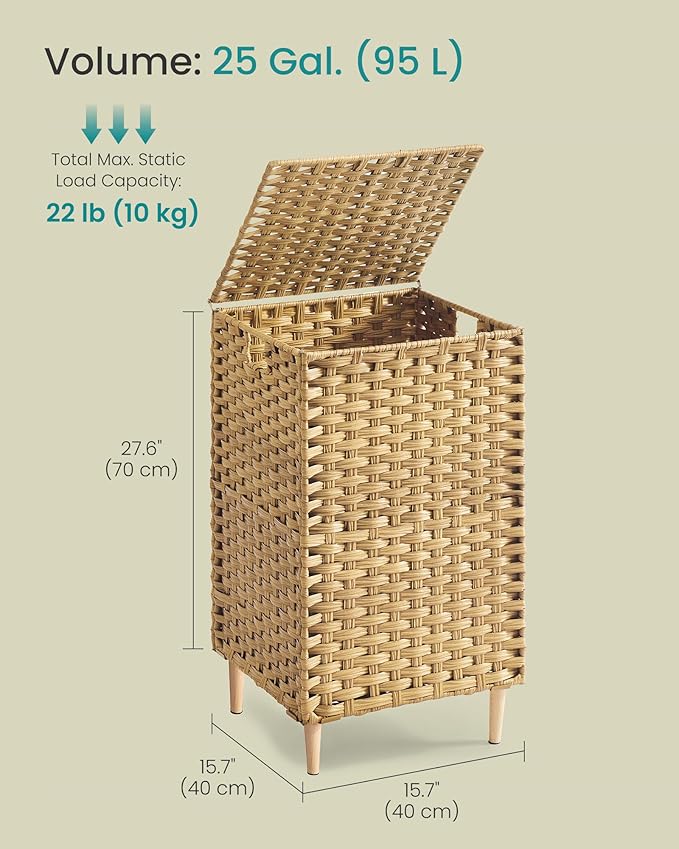 SONGMICS Laundry Hamper with Lid, PE Rattan Laundry Basket with Removable Liner, Storage Basket for Bedroom Living Room, 25 Gallons (95 L), Goose Yellow ULCB221YE01